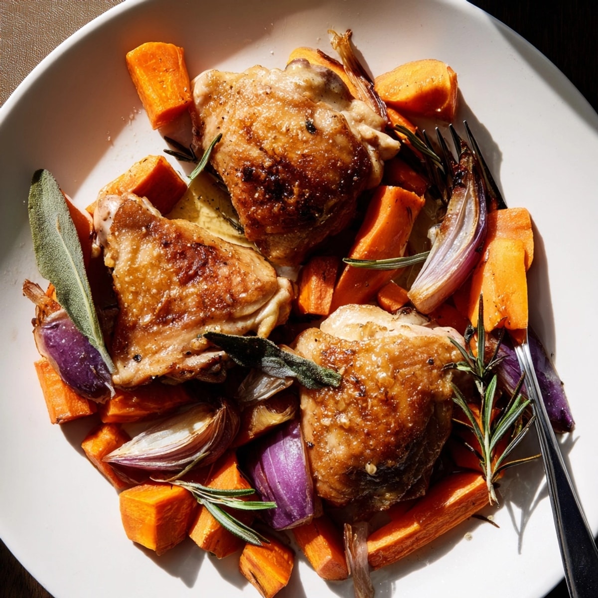 Imagine: Tender Honey-Glazed Chicken Recipe beside sweet potatoes, parsnips, and carrots bursting with rosemary.