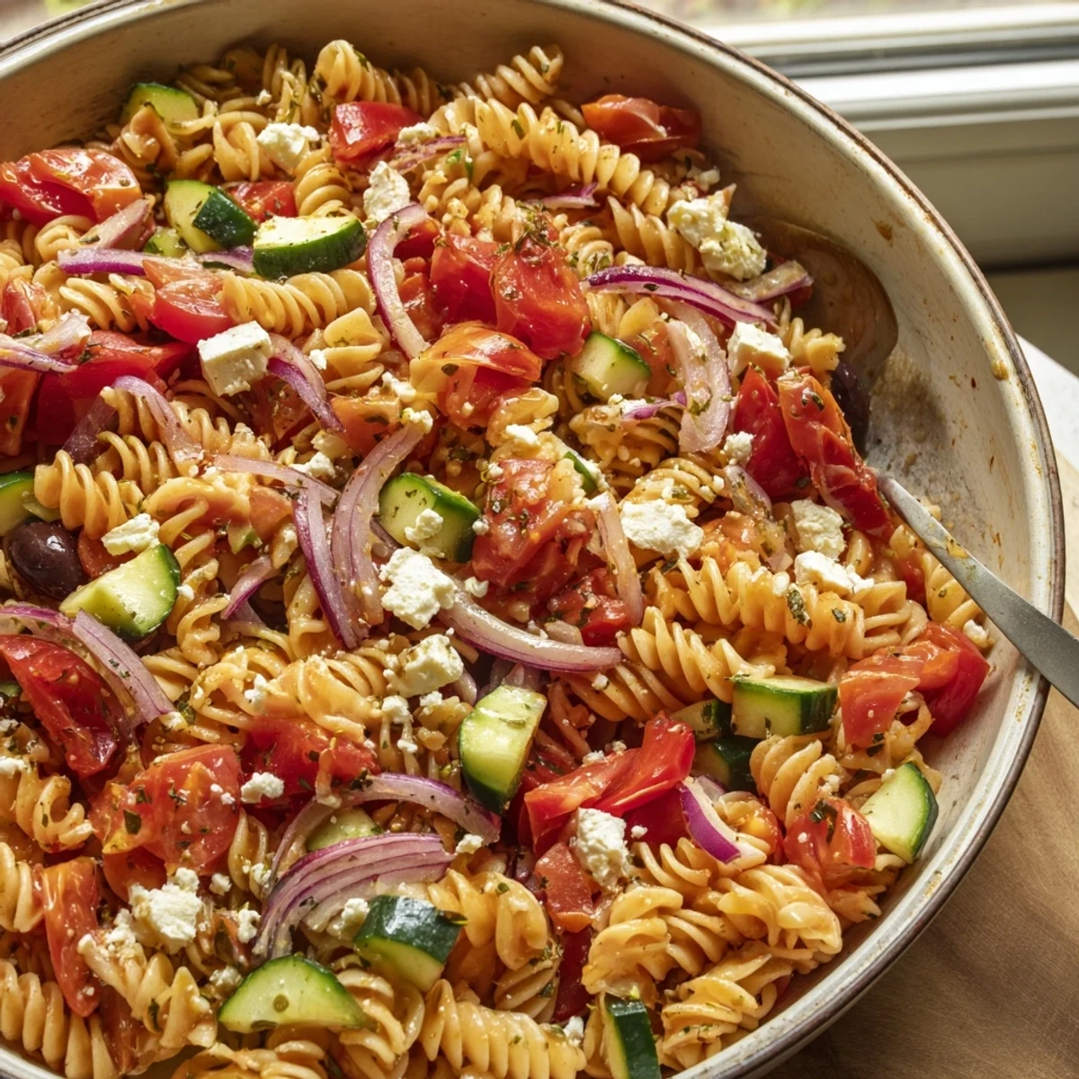 Mediterranean Olive Oil and Feta Pasta Salad, a colorful vegetarian delight featuring feta and olives.