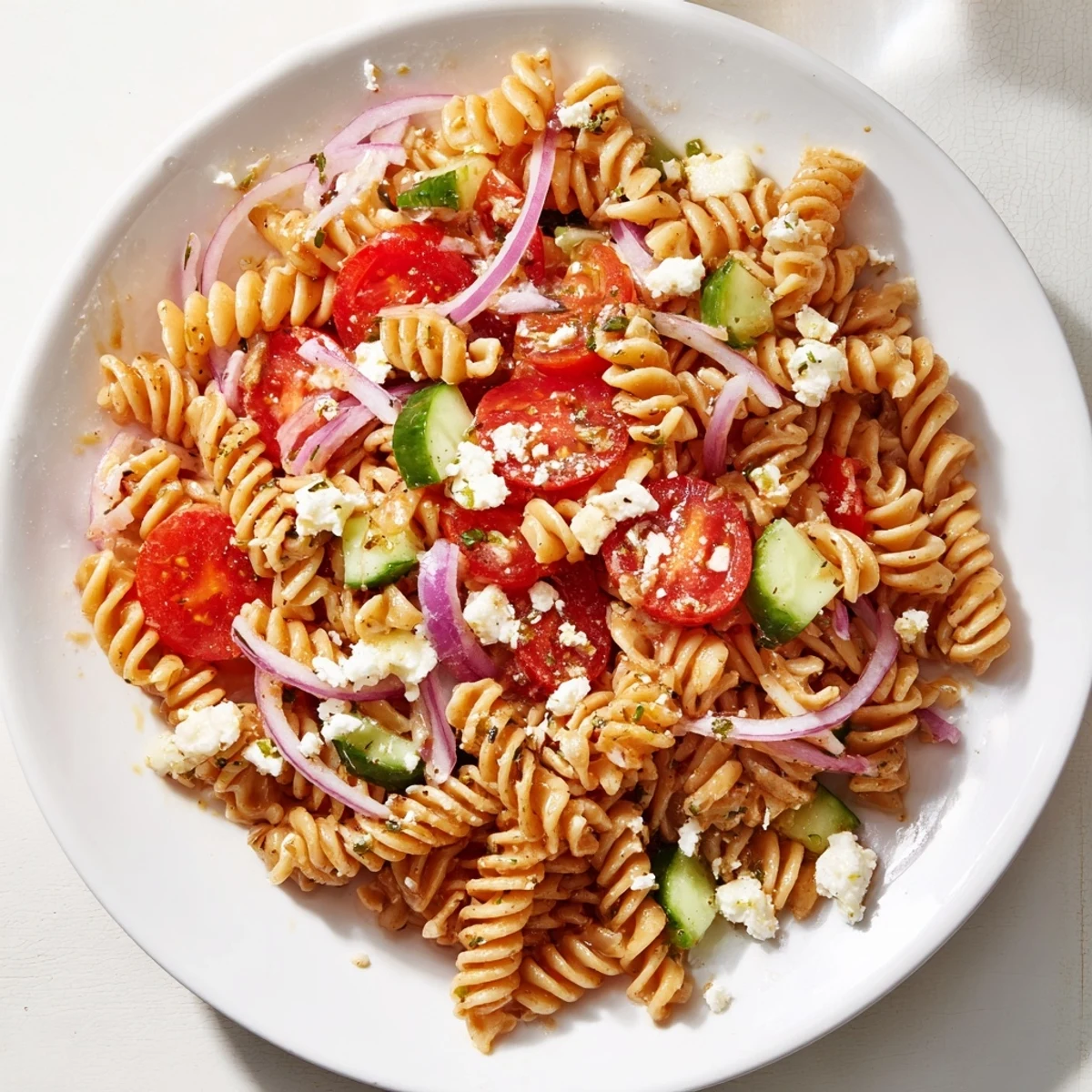 Fresh Mediterranean Olive Oil and Feta Pasta Salad, ready to eat, bursting with flavorful vegetables and soft feta.