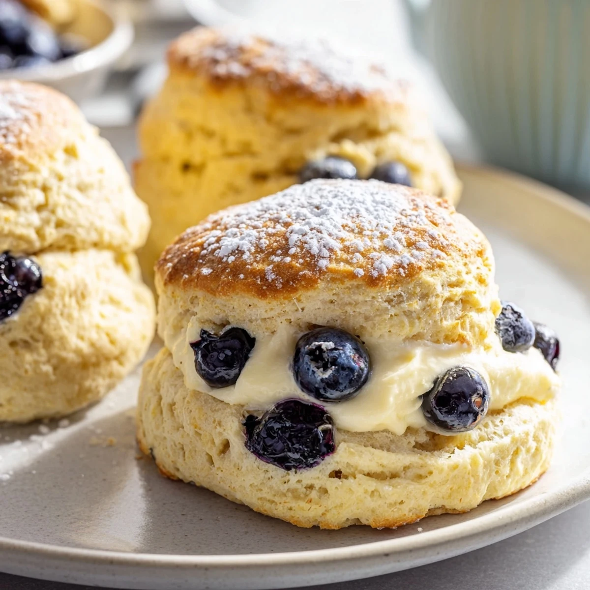 Fluffy Rustic Birch-Warm Blueberry Scones, bursting with blueberries and served warm for breakfast.