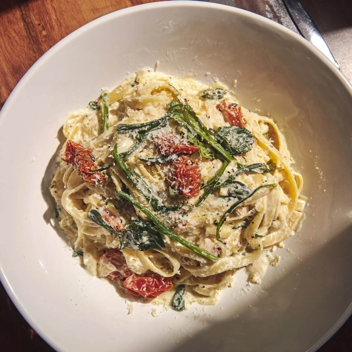 This comforting bowl of One-Pot Creamy Tuscan Garlic Herb Pasta showcases a creamy, herb-infused, vegetarian delight.