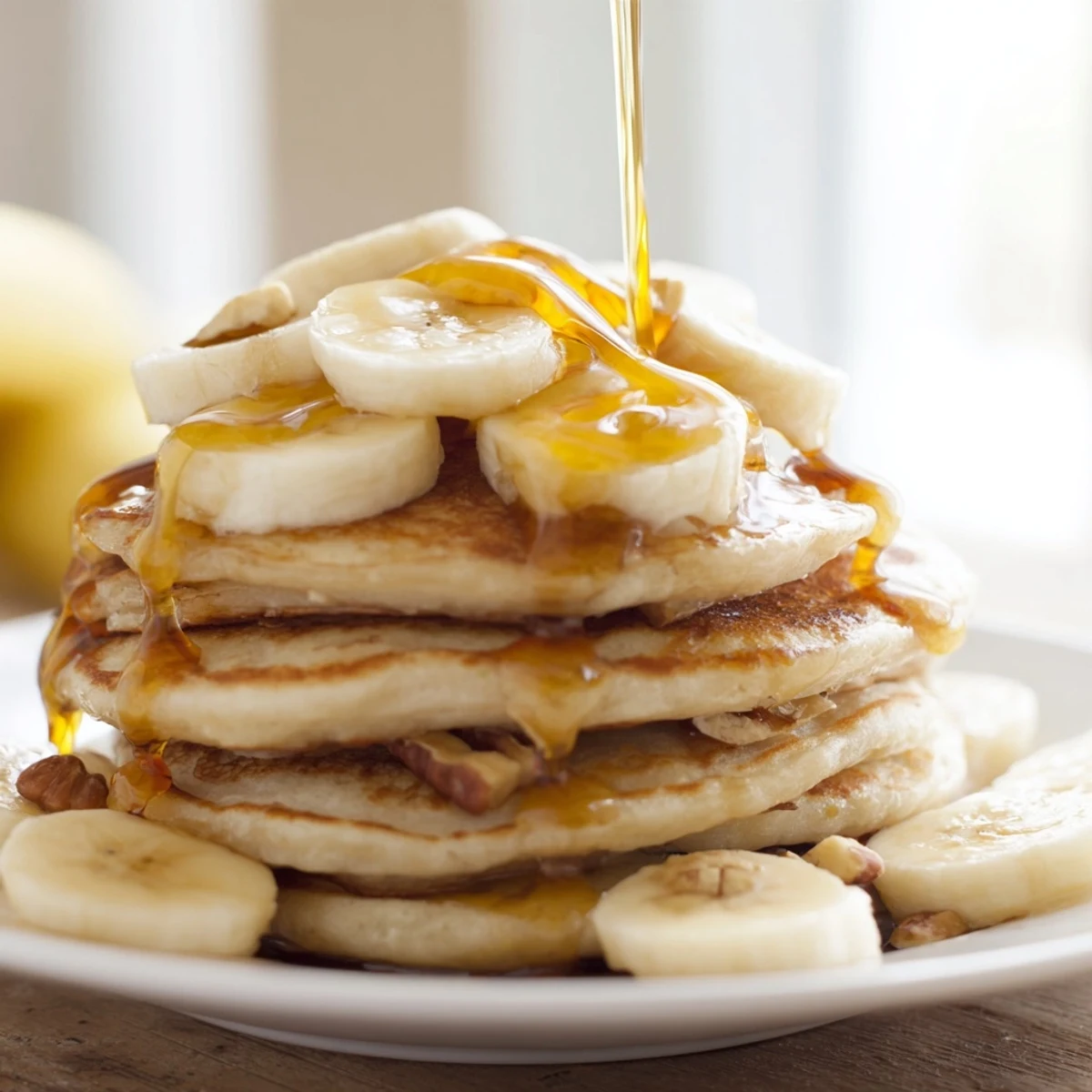 Golden-brown Weekend Golden-Brunch Banana Pancakes stacked and drizzled with glistening, warm maple syrup for brunch.