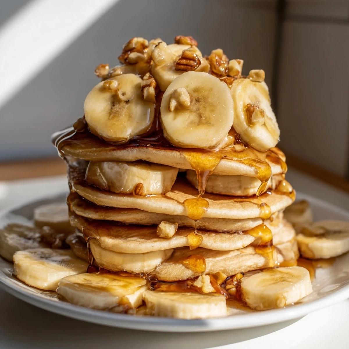 A stack of fluffy Weekend Golden-Brunch Banana Pancakes with sliced bananas, ready to be enjoyed with a fork.