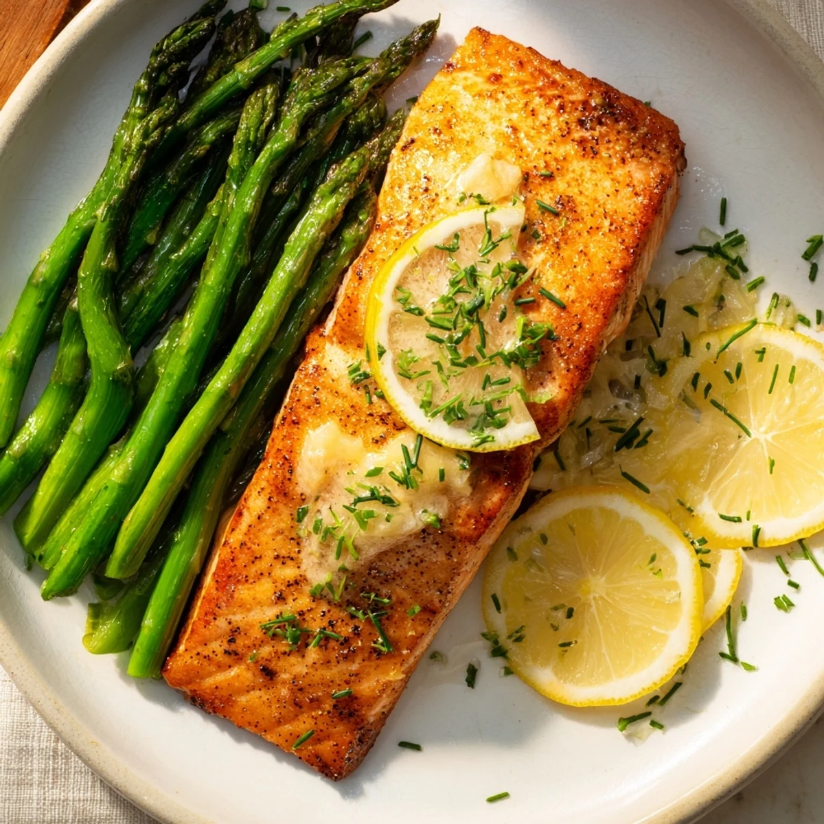 Golden, flaky skillet lemon-butter salmon with tender asparagus, ready for a delicious dinner.