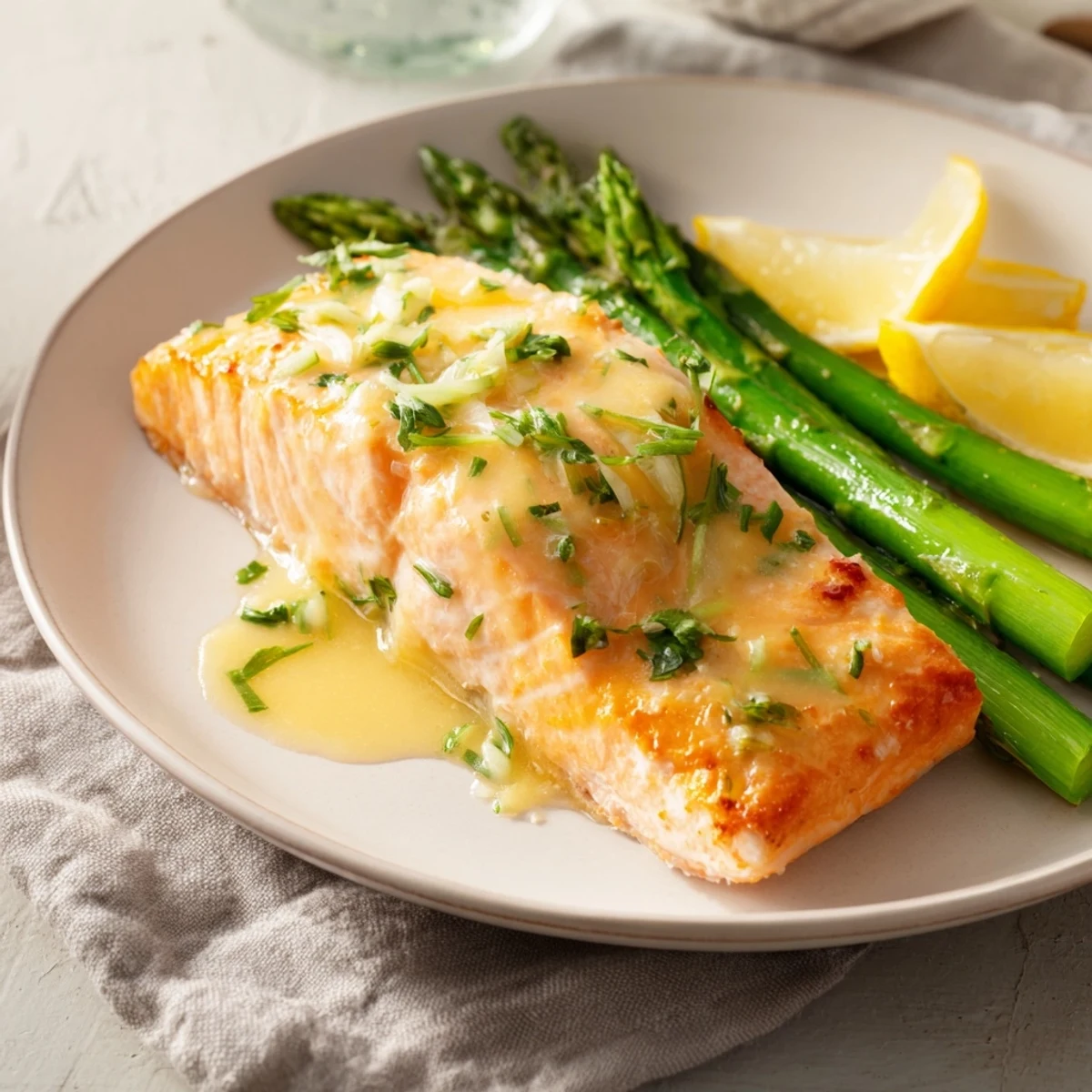 Sizzling skillet lemon-butter salmon and asparagus, enticing the senses with its vibrant flavors and aroma.