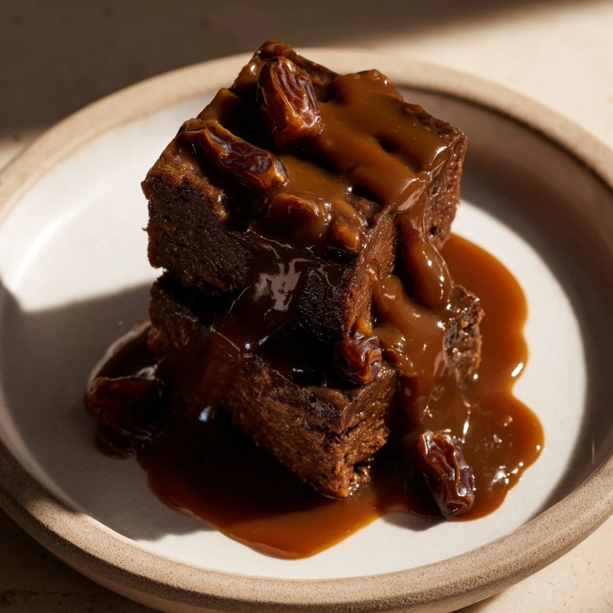 Warm, golden Weekend Cabin-Style Sticky Toffee Pudding drizzled with decadent, glossy caramel sauce.