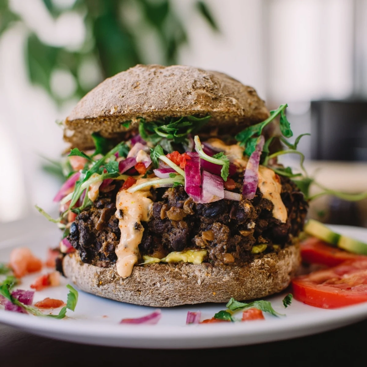 Zesty black bean burgers with avocado, piled high on toasted buns, ready for a satisfying bite.