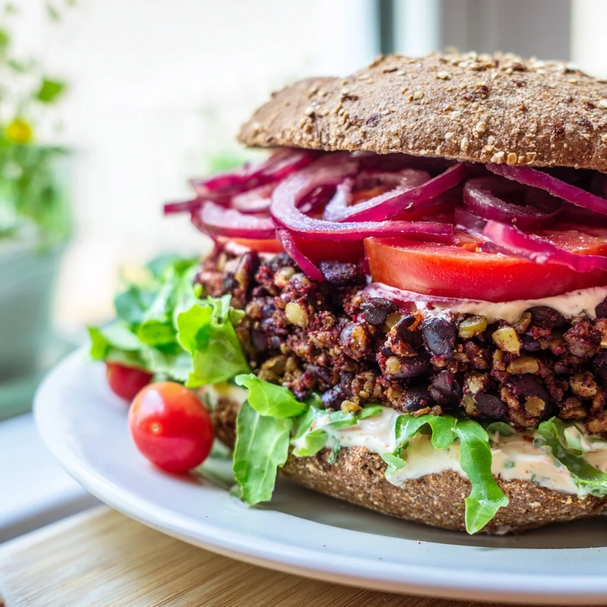 This photo features perfectly assembled zesty black bean burgers with creamy slices of fresh avocado.