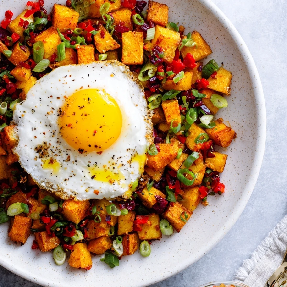 Simple skillet egg and potato hash with perfectly golden potatoes and runny yolks.