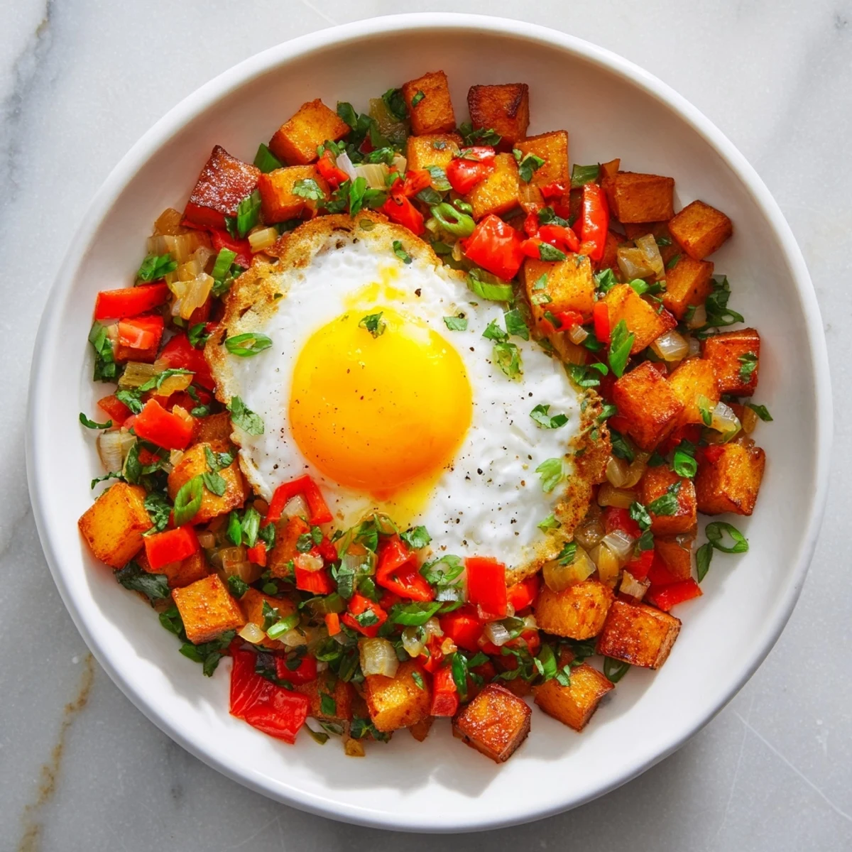Homemade Simple Skillet Egg and Potato Hash, with beautifully cooked eggs served in a cast iron skillet.