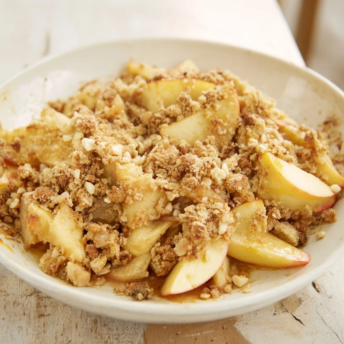 Golden, bubbling Warm Rustic Apple and Cinnamon Crumble, with a crisp, cinnamon-oat topping for dessert.