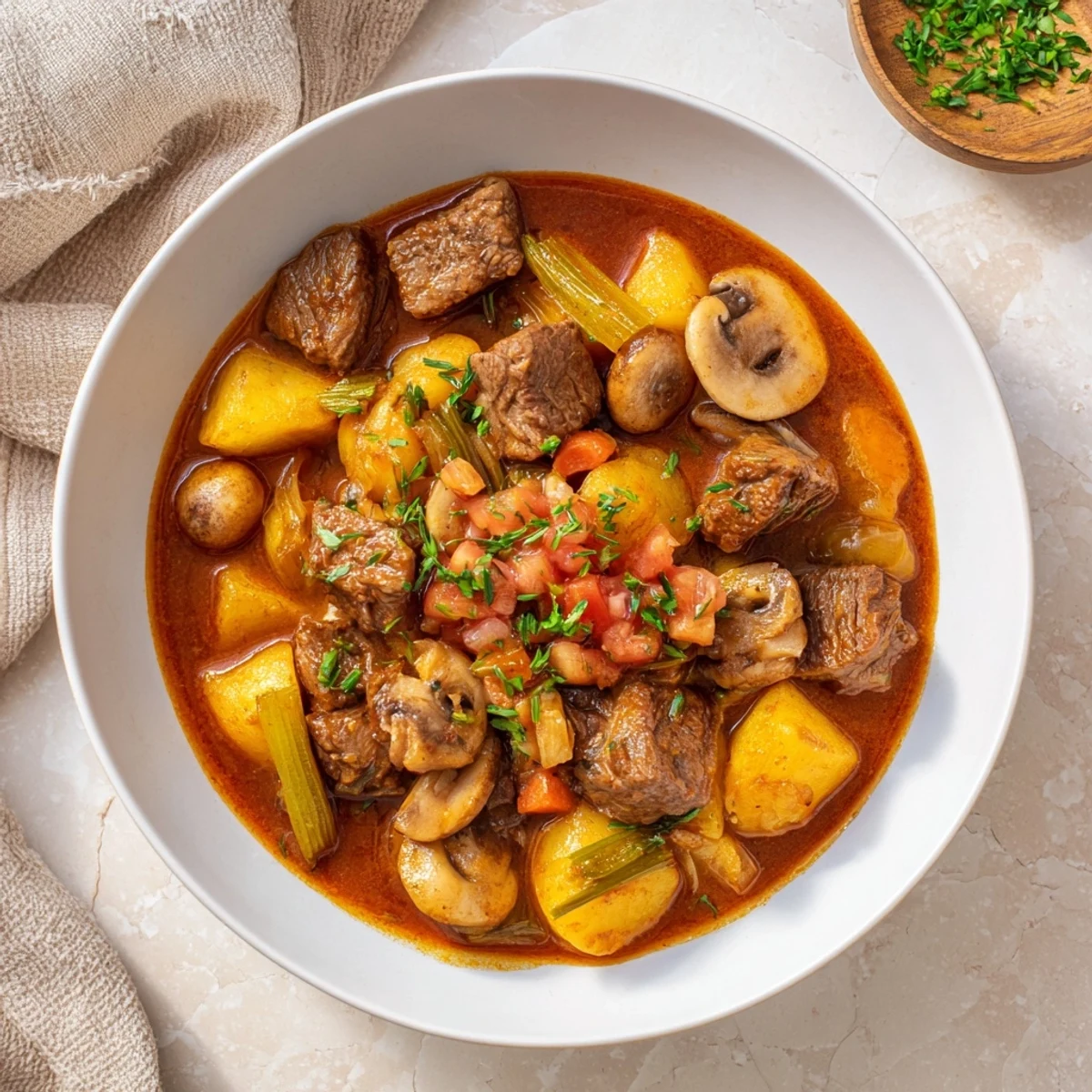 Golden, crusty homemade bread served alongside a rich and savory earthy beef stew.
