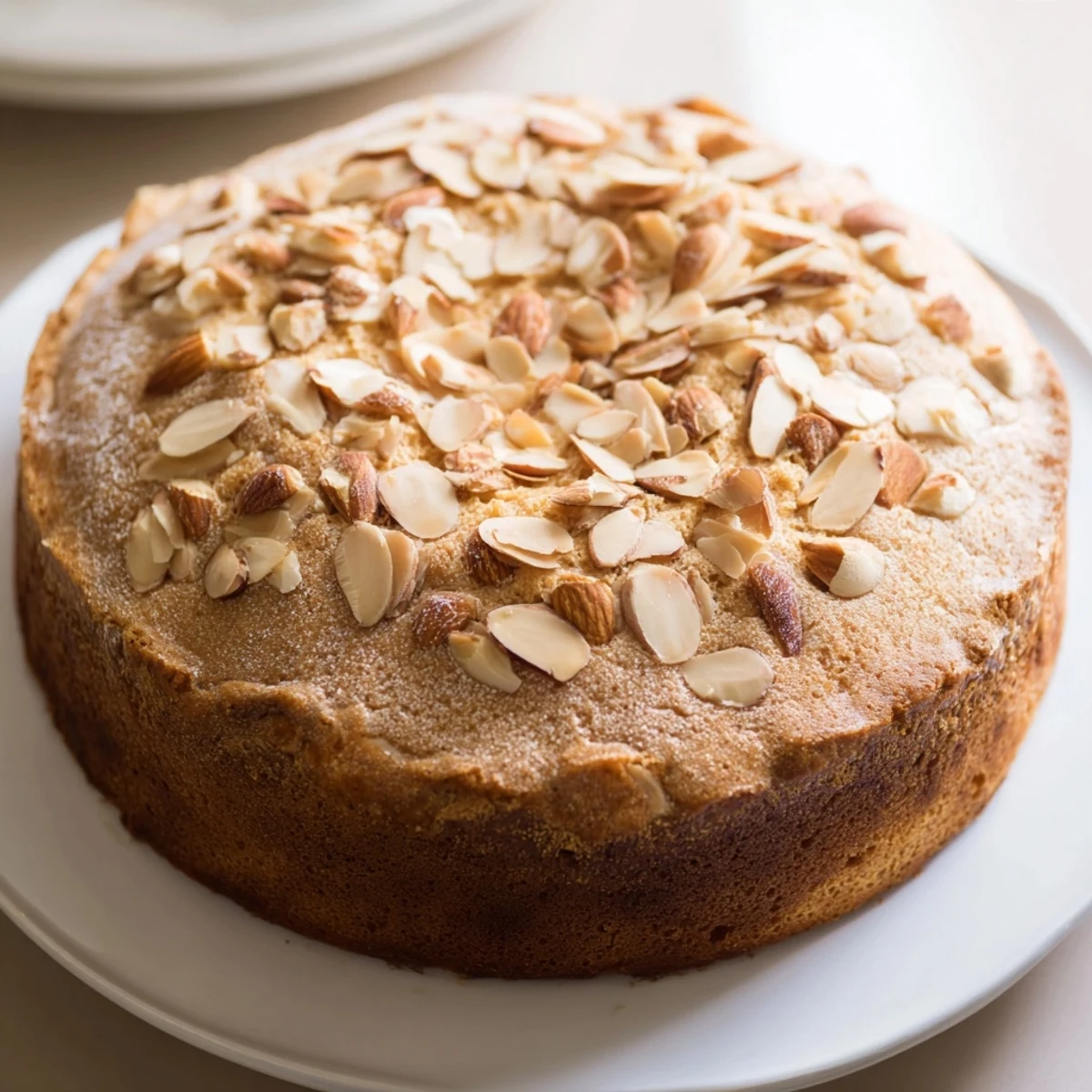Warm Soft Sweet Plum-Infused Almond Cake topped with almonds presents a comforting dessert image.