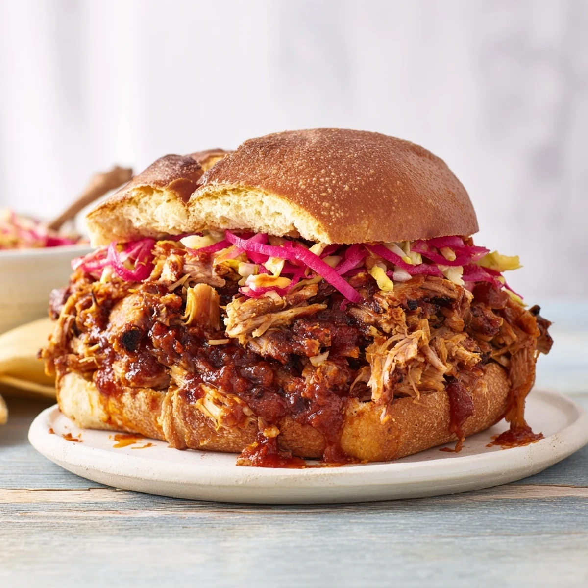 Fire-Kissed BBQ Pulled Pork Sandwiches: Tender, smoky pulled pork piled high on toasted buns, ready to satisfy.