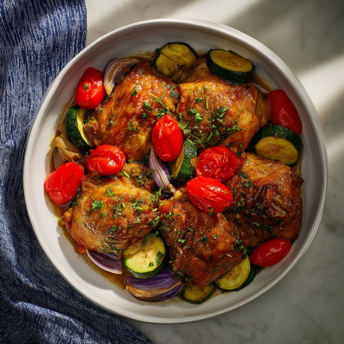 Sheet pan image of the Basil-Soft Chicken and Veggie Dinner with its colorful roasted vegetables and glistening chicken.