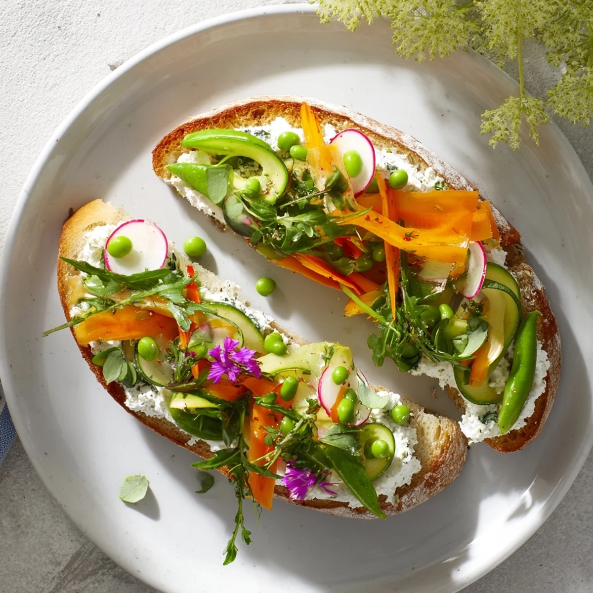 Fresh Meadow Tartines showcasing colorful raw vegetables layered on toasted bread and creamy cheese.