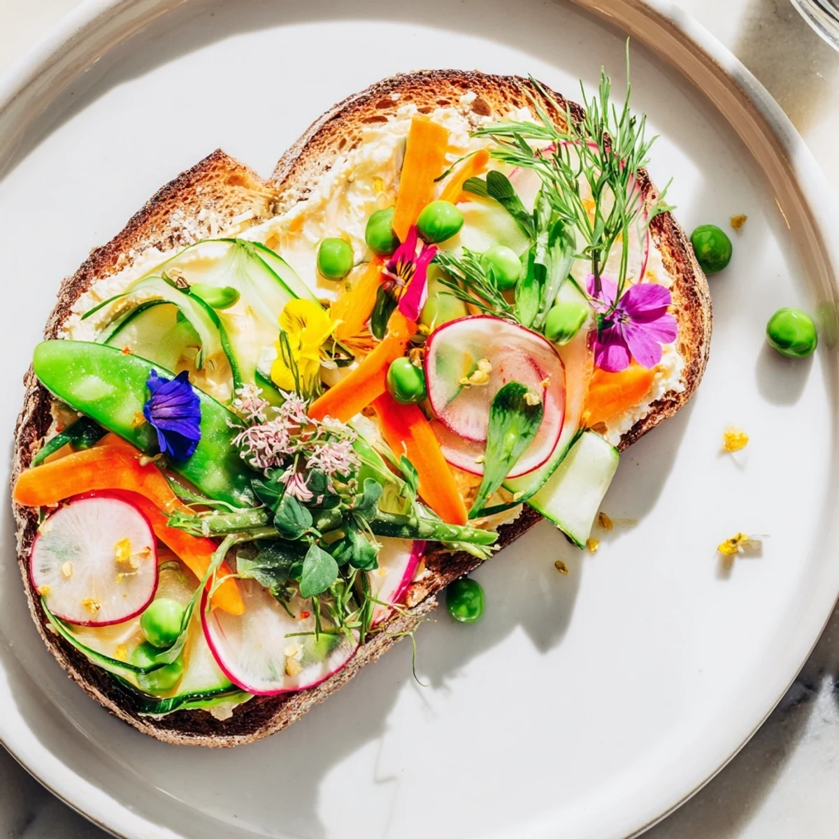 Vibrant Fresh Meadow-Inspired Garden Vegetable Tartines, featuring crisp veggies and a delicious herbed cheese spread.