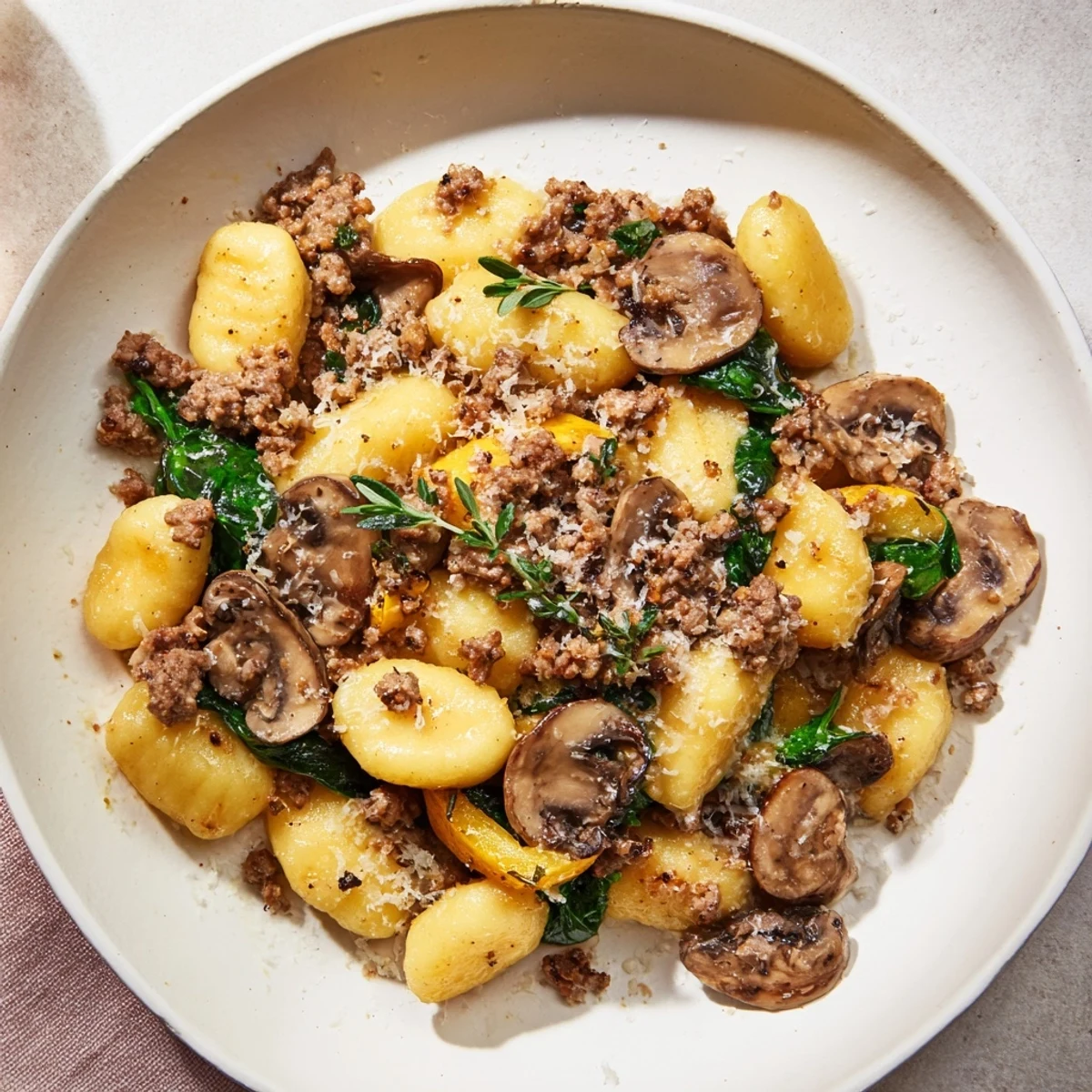Golden brown Woodsy Skillet Sausage and Mushroom Gnocchi, a comforting meal with creamy sauce and herbs.