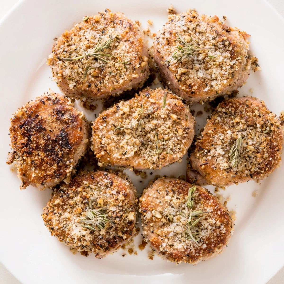 A close-up of beautifully browned Thyme and Pecan Crusted Pork Tenderloin, perfect for a gluten-free dinner.