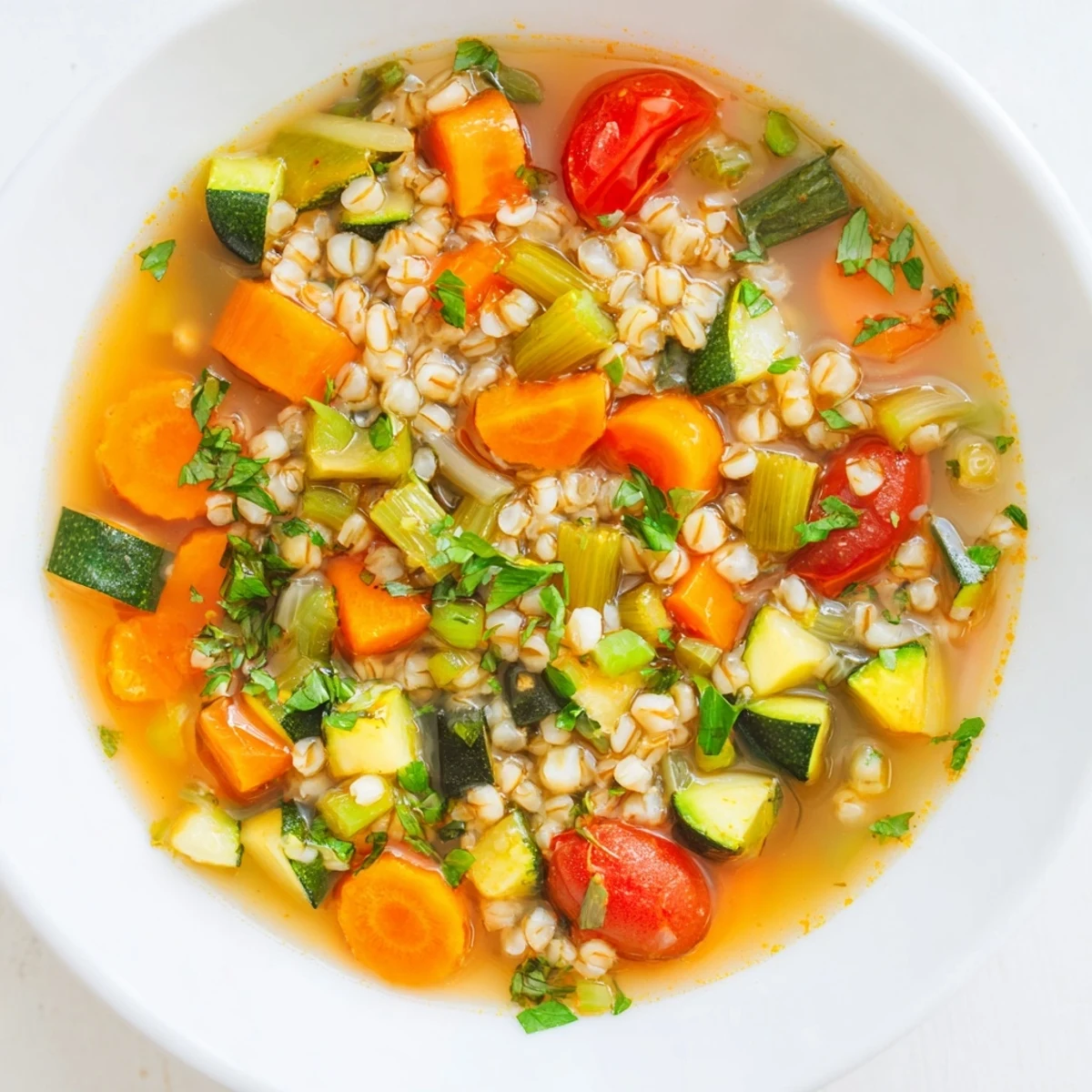 Enjoy a spoonful of the flavorful simple homemade grain and vegetable soup, perfect for a cozy supper.