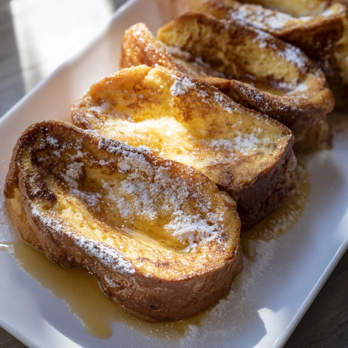 Fluffy slices of Soft Spice Baked French Toast Casserole, topped with a sweet, cinnamon-infused crust.