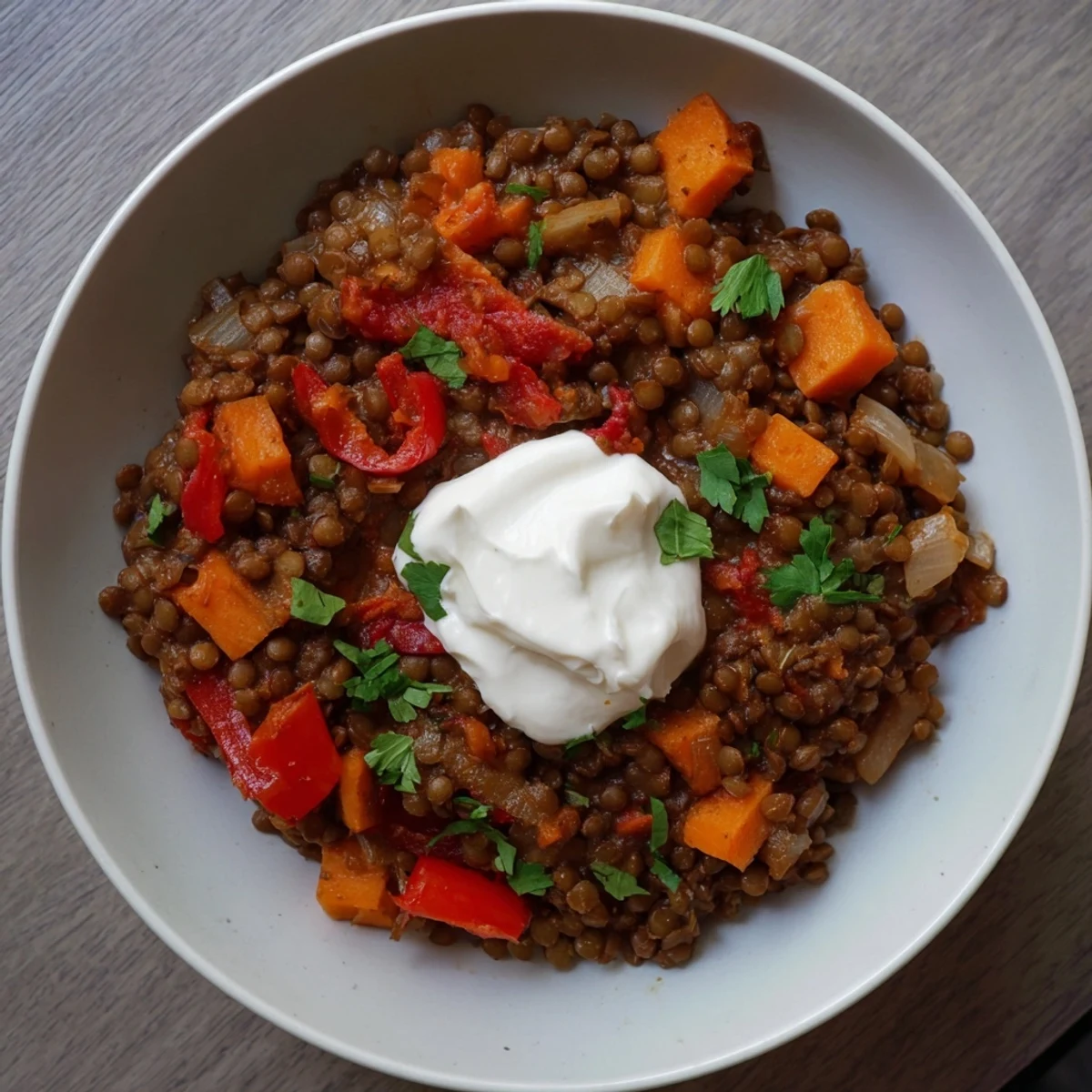 A close-up view of a flavorful bowl of Wheat-Warm Hearty Lentil Curry, perfect for a cozy dinner.