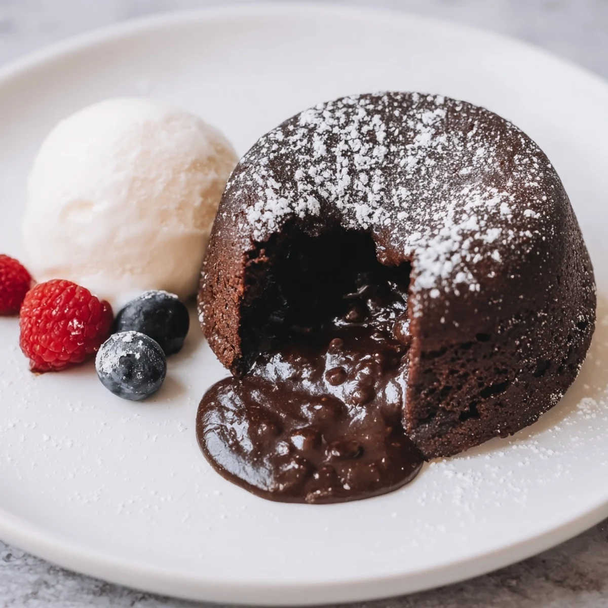 Warm, dark chocolate lava cakes, perfect with a scoop of melting vanilla ice cream and fresh berries.
