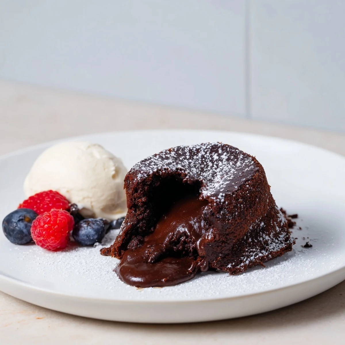 A close-up of gooey dark chocolate lava cakes, dusted with powdered sugar, ready for a delicious bite.