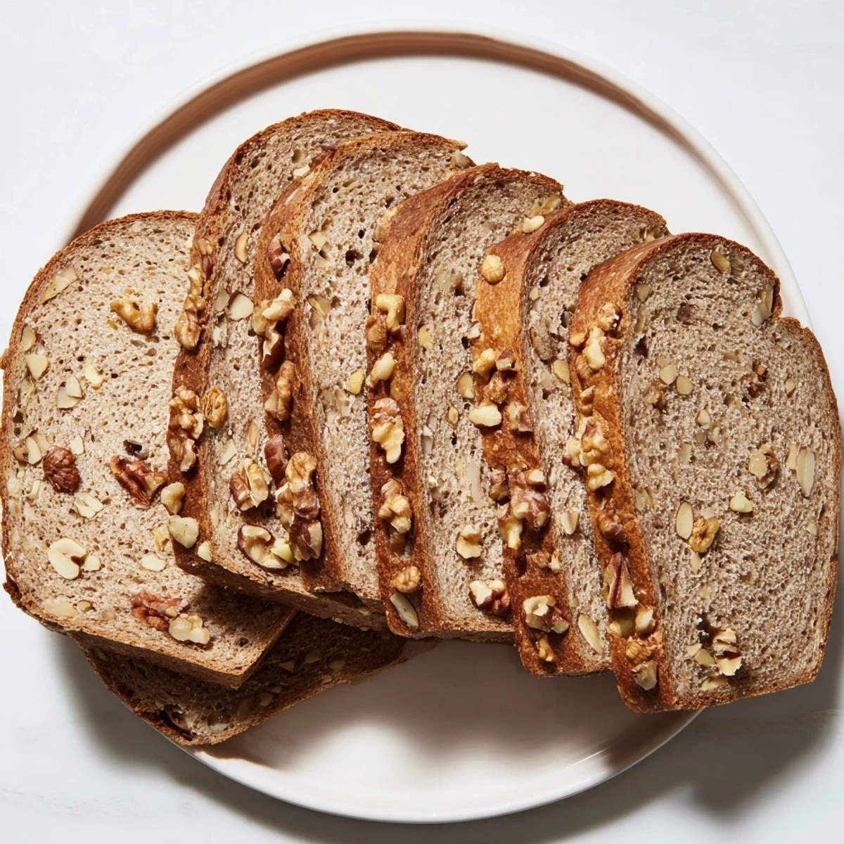 A close-up of a sliced Nutty Whole Wheat Loaf Bread, showing the airy texture and nut pieces.