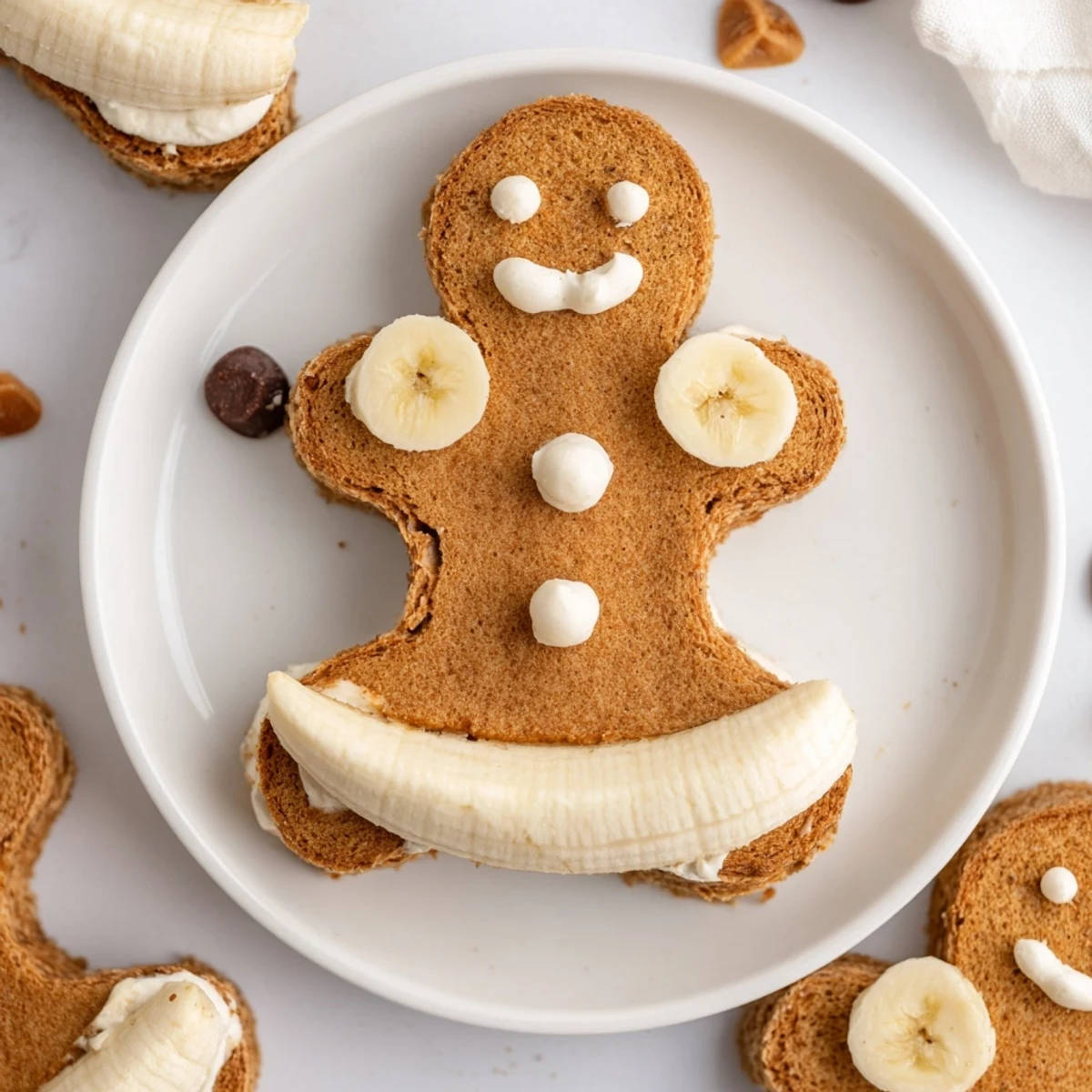 Sweet cream filling oozing from colorful gingerbread man sandwich cutouts, perfect snack idea.