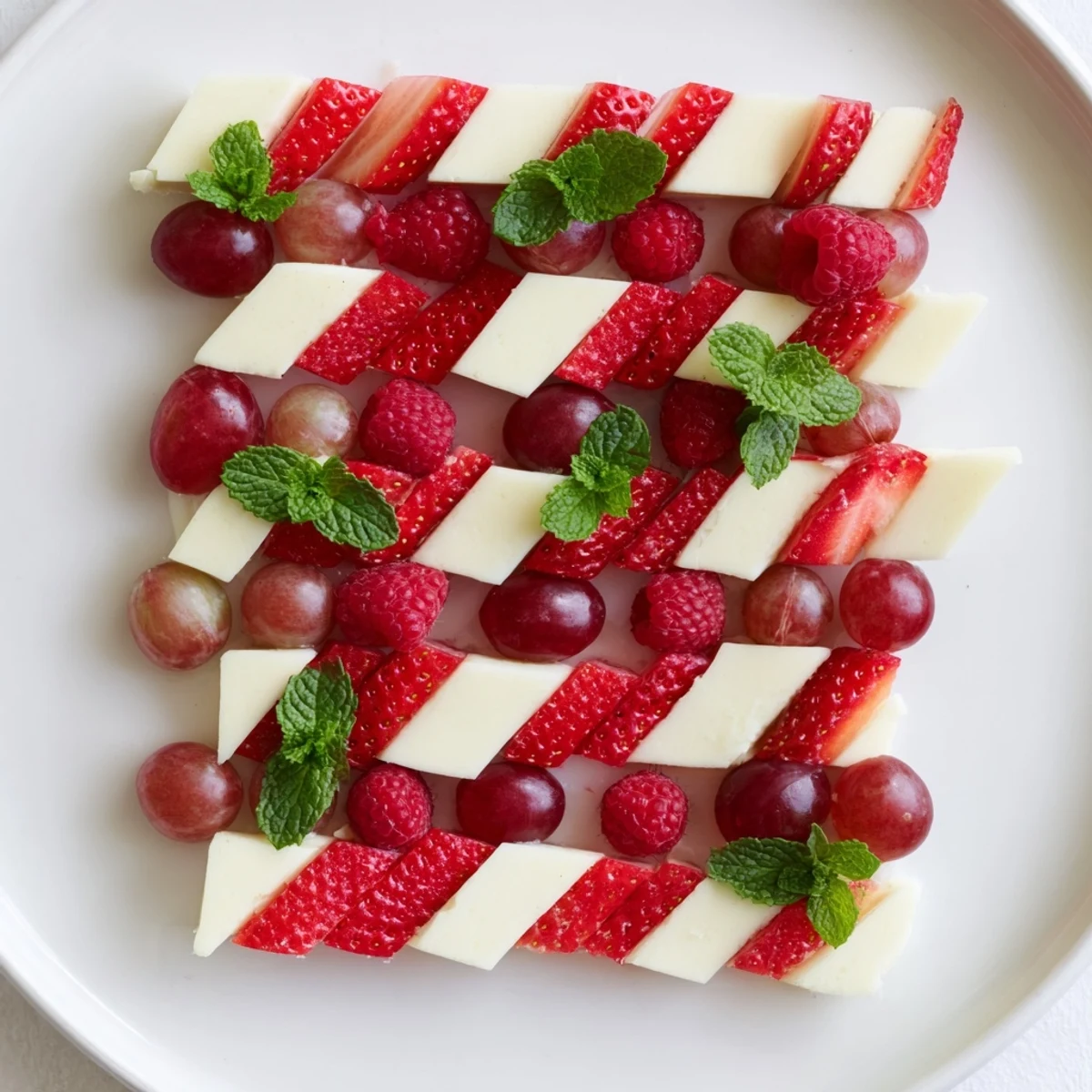 Fresh Candy Cane Stripe Fruit and Cheese, a colorful appetizer with juicy berries and creamy cheeses.