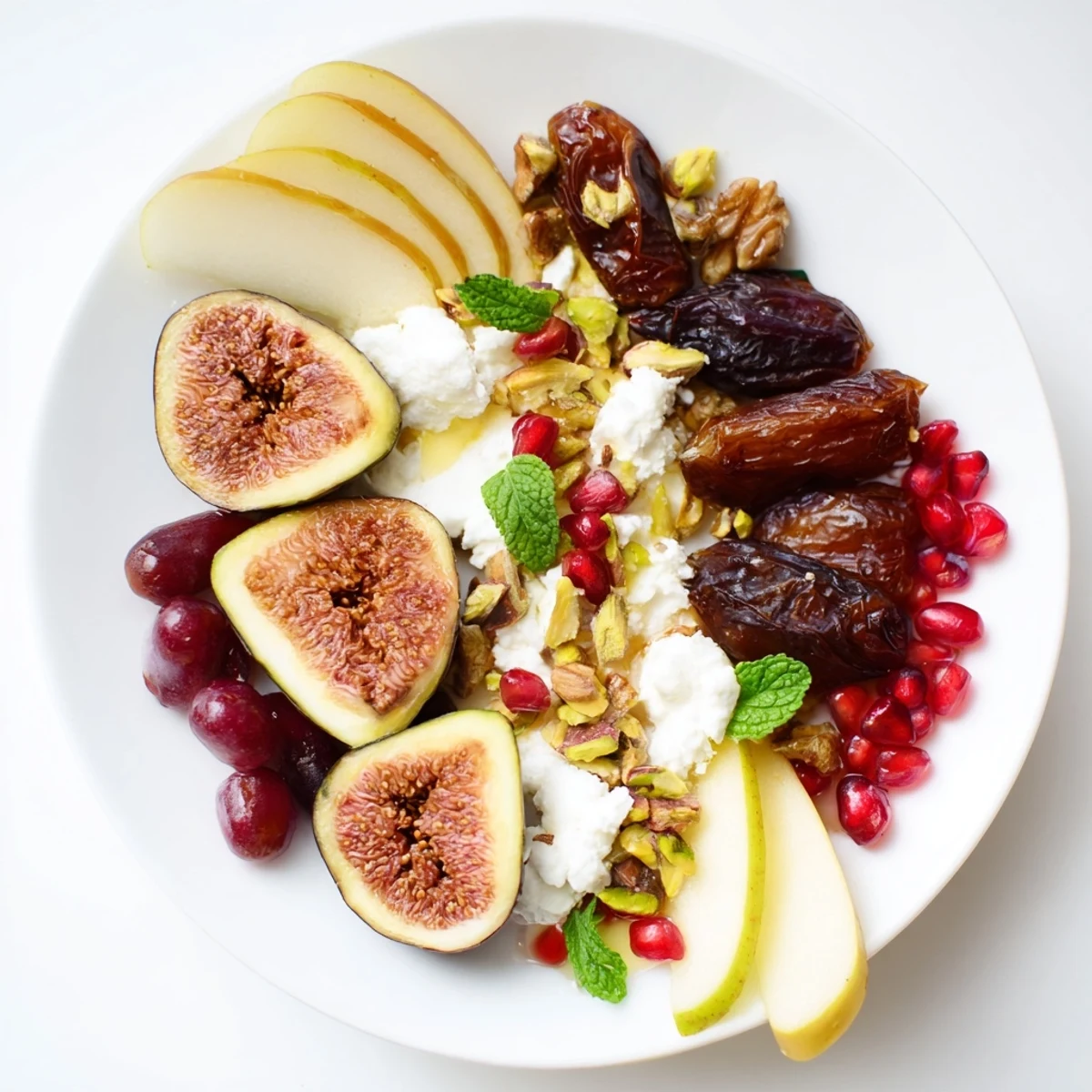 Winter fruit platter with halved figs, dates and coconut snow, drizzled with honey, ready to serve.