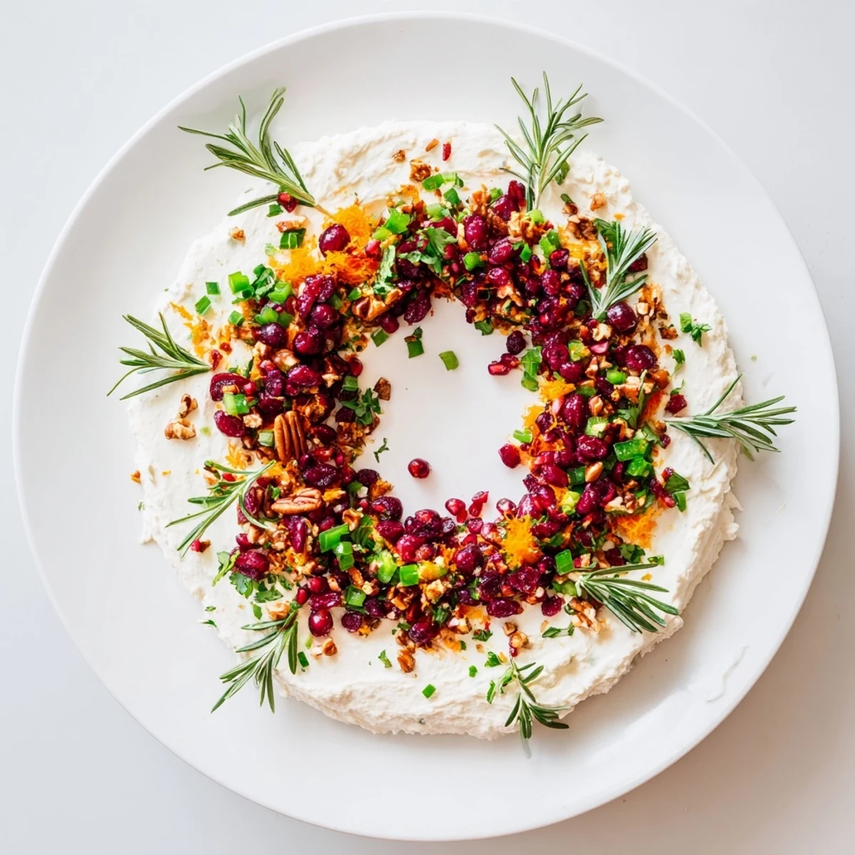 Vibrant Cranberry Feta Dip Wreath, studded with pecans and rosemary, ready for holiday parties.