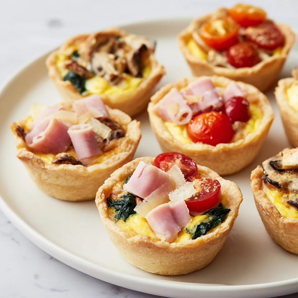 Festive Mini Quiche Holiday Village Board arranged with rosemary "trees" and mozzarella "snow."