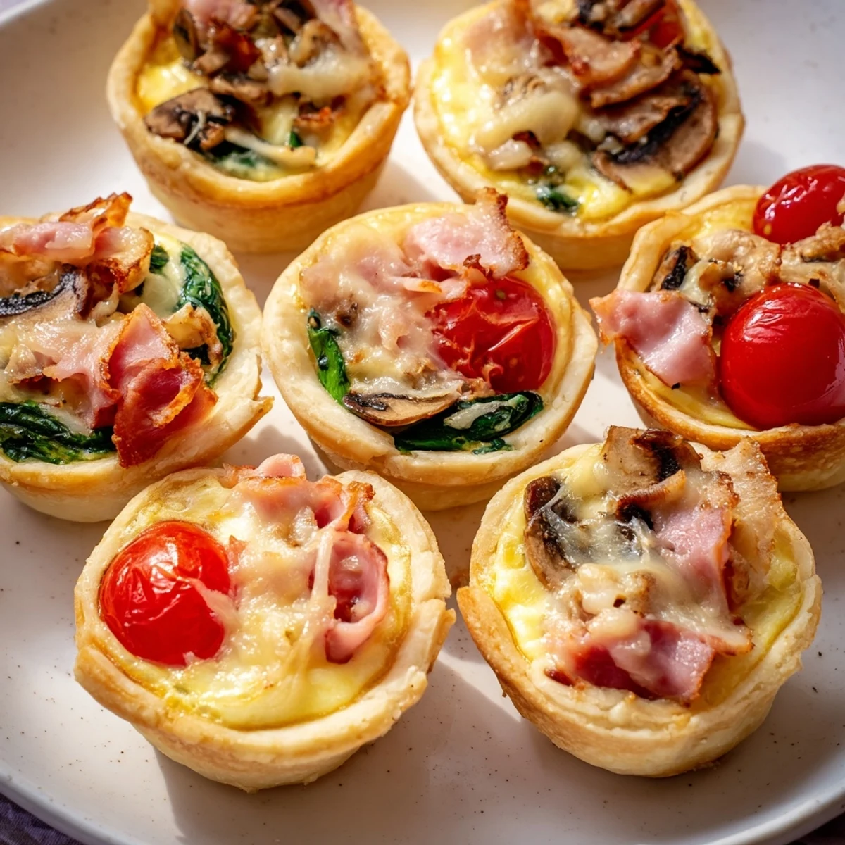 Savory Mini Quiches Holiday Village Board features a beautiful holiday presentation on a wooden platter.