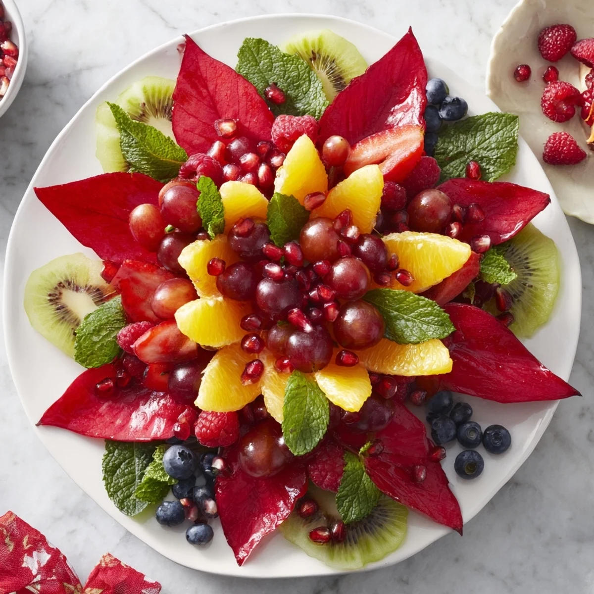 Festive Poinsettia Fruit Bowl presentation shows off vibrant fruit arranged, ideal for your holiday table.