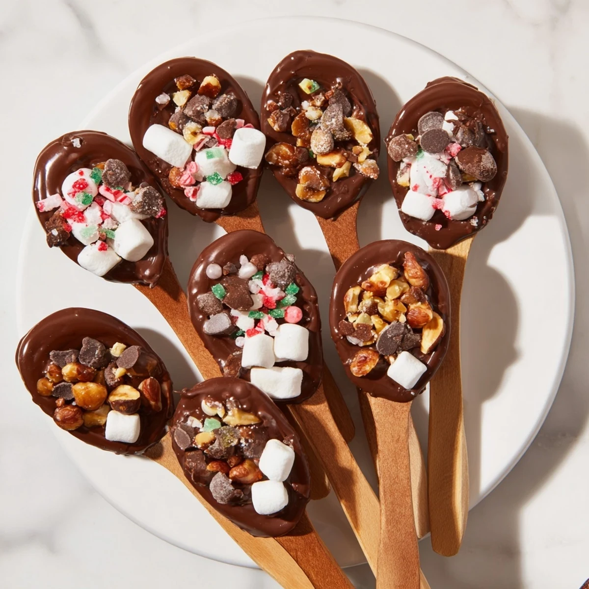 A vibrant Hot Chocolate Spoon Toppings Board overflowing with mini marshmallows and crushed peppermint.