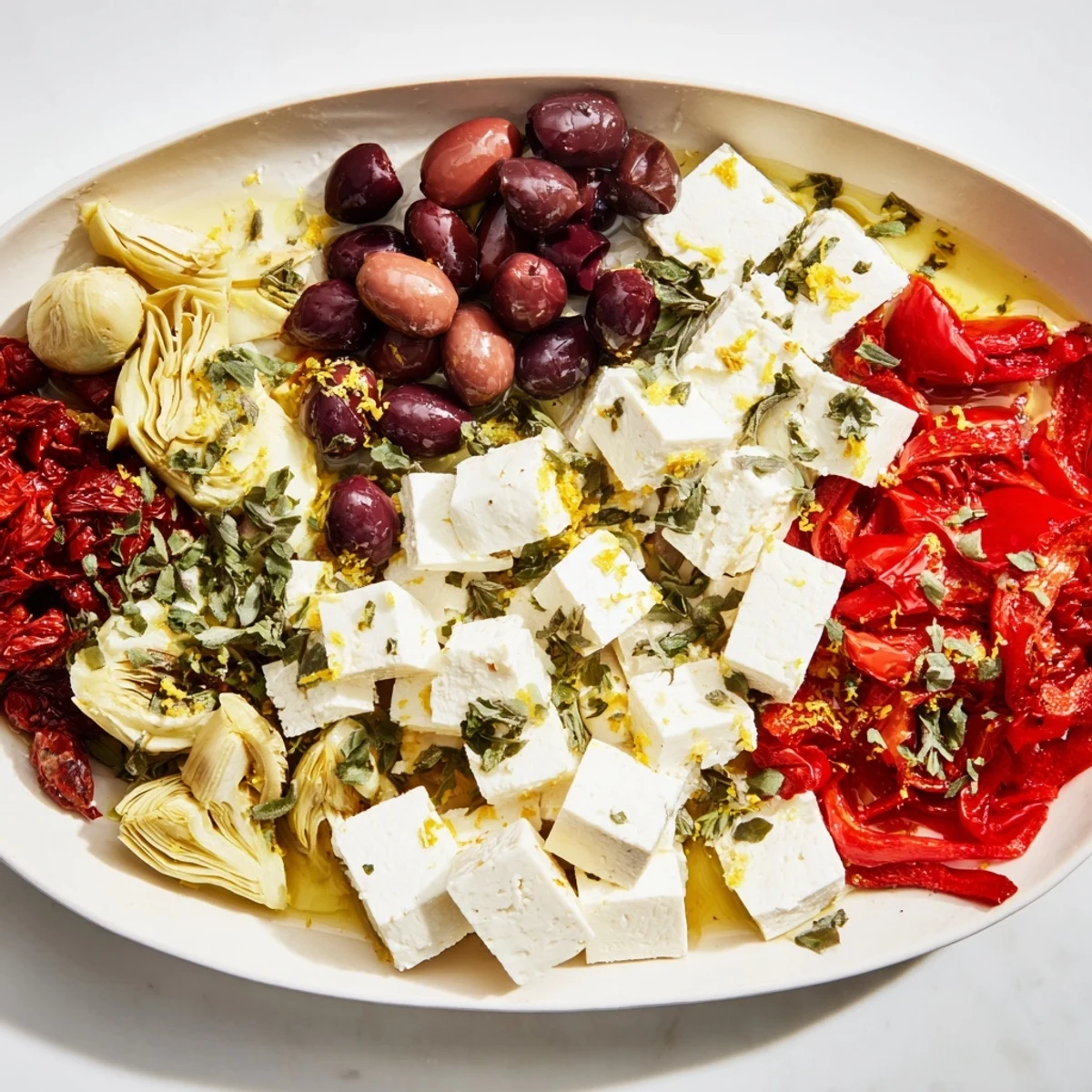 This delicious black olive and sun-dried tomato platter is arranged with colorful roasted peppers and herbs.