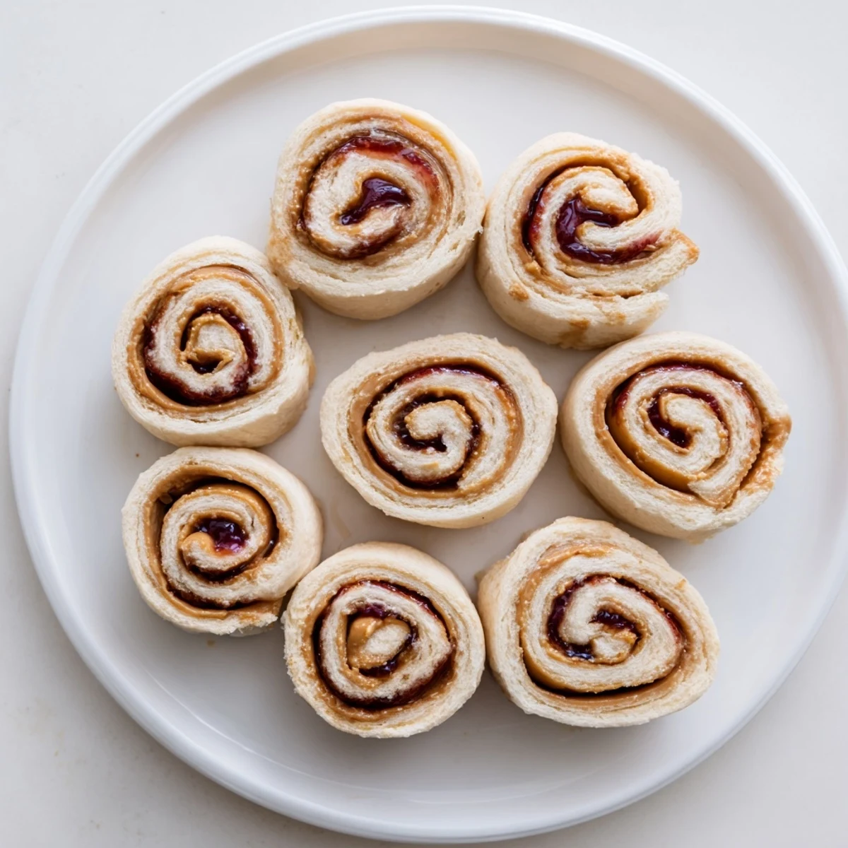 Easy lunch idea: a plate of delicious Simple Sandwich PB&J pinwheels, perfect for a picnic or snack time.
