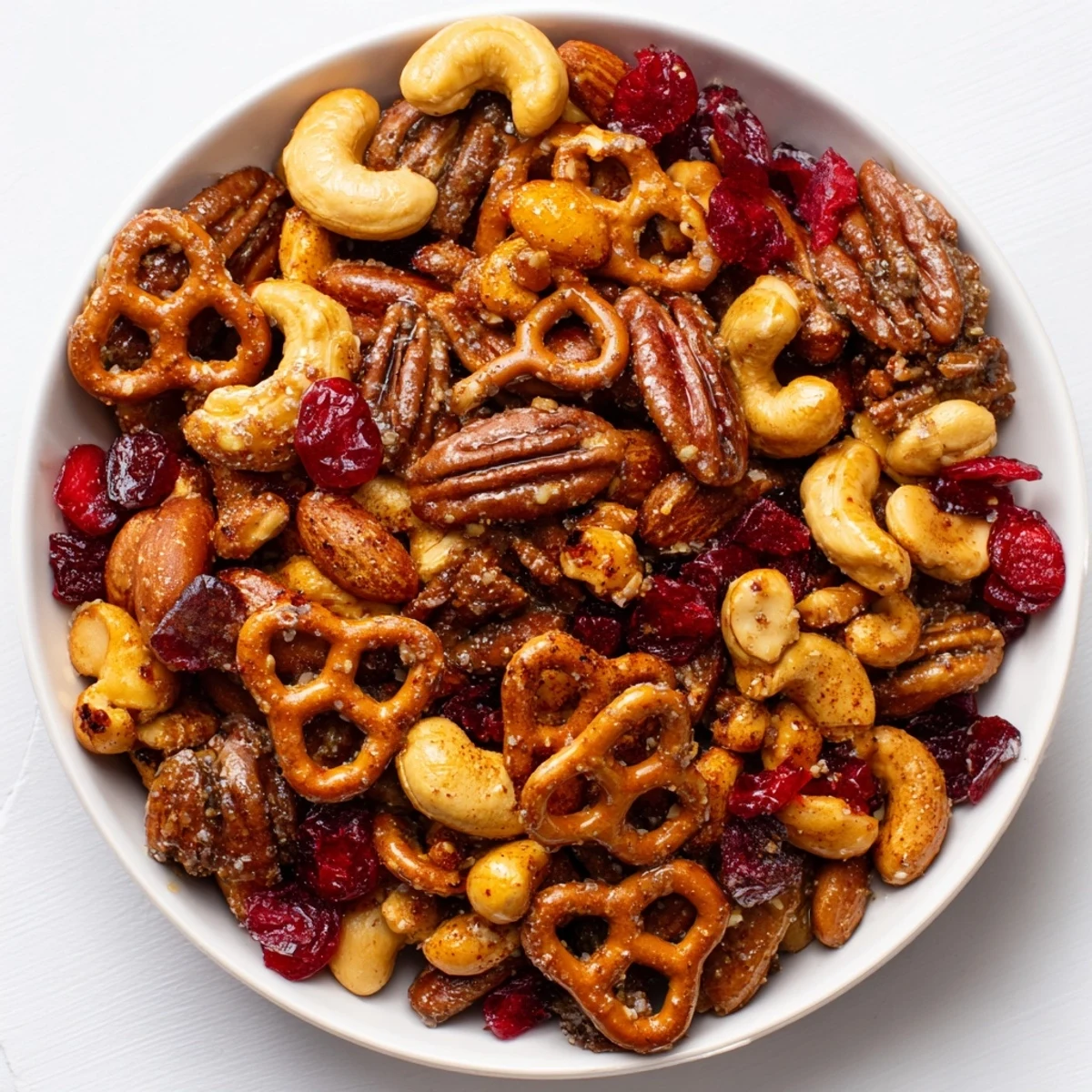 Warm, spiced Sweet and Salty Holiday Nut Bowl: a festive, golden-brown mix perfect for sharing.
