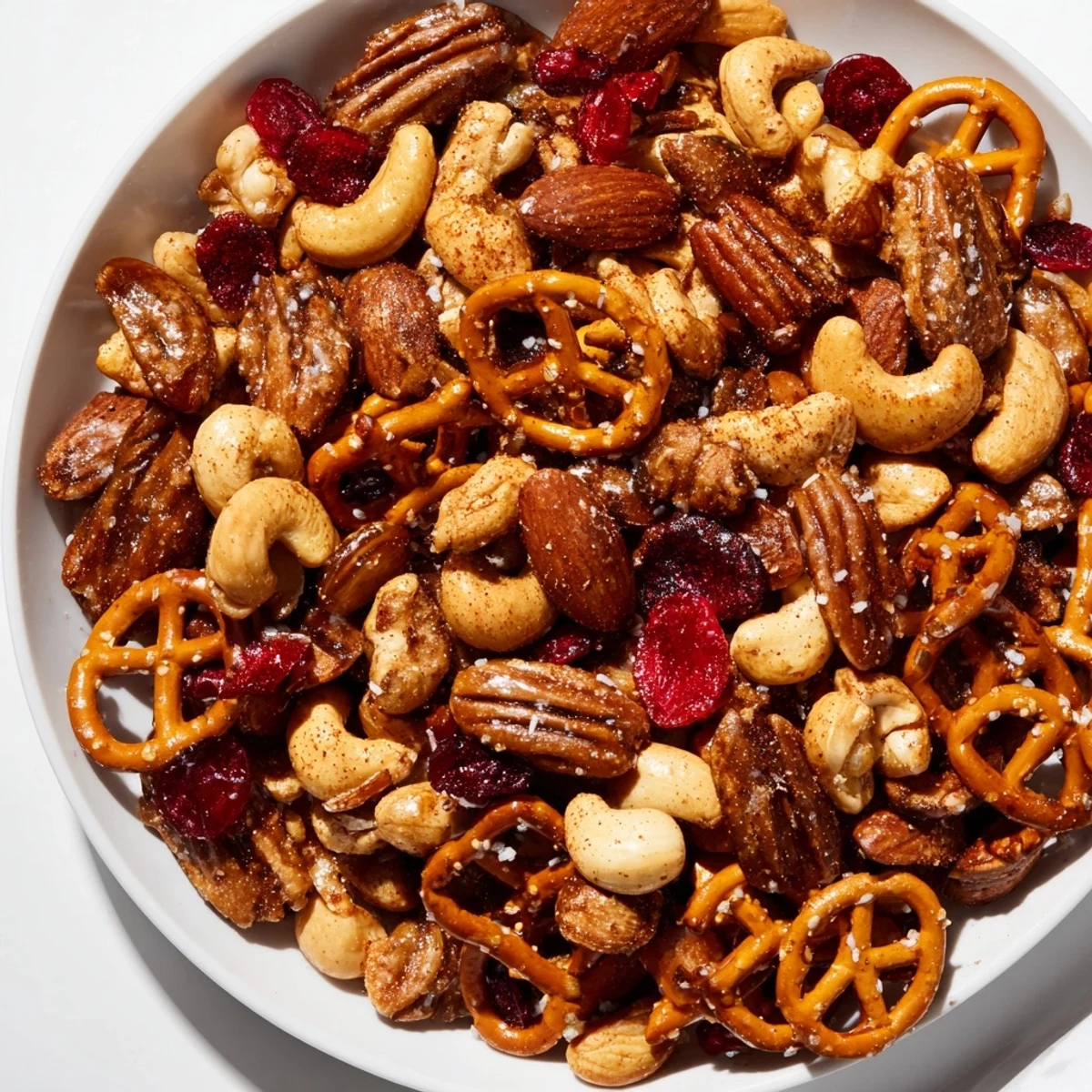 Close-up of a delicious Sweet and Salty Holiday Nut Bowl; perfectly roasted nuts offer a satisfying crunch.
