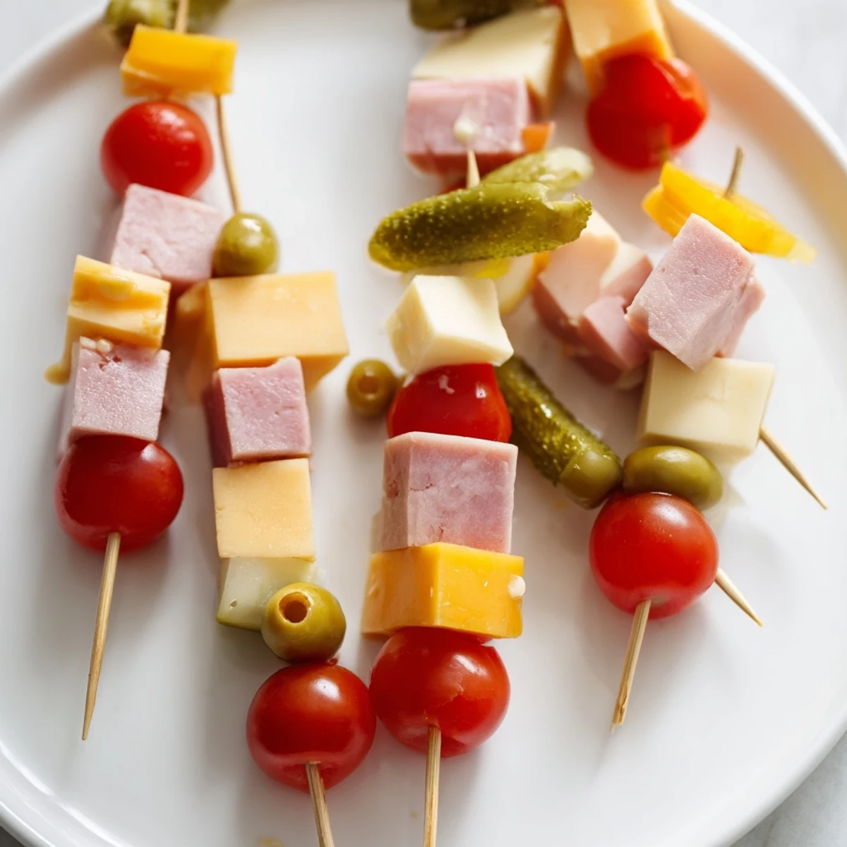 Savory Skewers showcasing vibrant cubes of meat, cheese, and tangy pickle bites ready to eat.