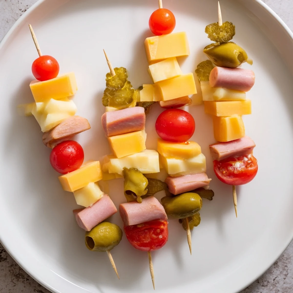 Mouthwatering Savory Skewers with colorful cheese and pickle cubes, perfect for easy entertaining.