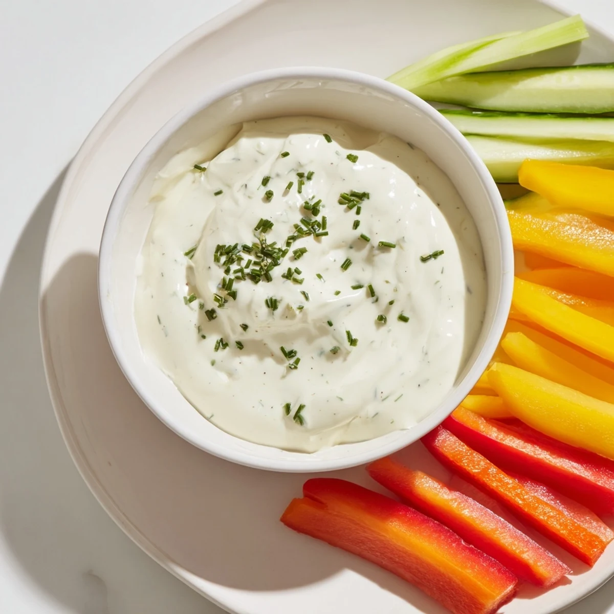 A close-up shot of creamy, flavorful kids' dip with vibrant, crunchy veggie sticks.