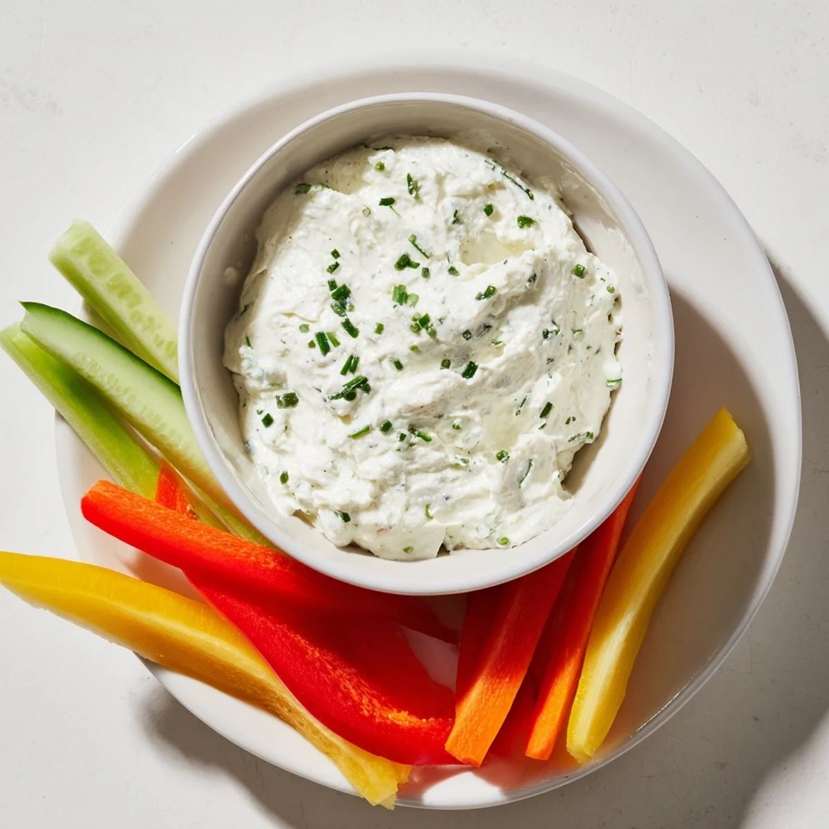 Freshly made kids' dip, a smooth blend, surrounded by colorful vegetable sticks for dipping.
