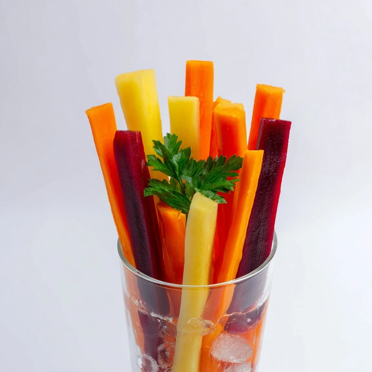 A refreshing appetizer: vibrant Simple Crudités with rainbow carrot sticks in elegant, chilled glasses.
