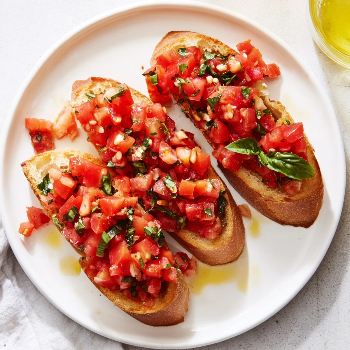 Golden, crisp Bruschetta toasts arranged diagonally, topped with fresh tomatoes and basil for a delicious appetizer.