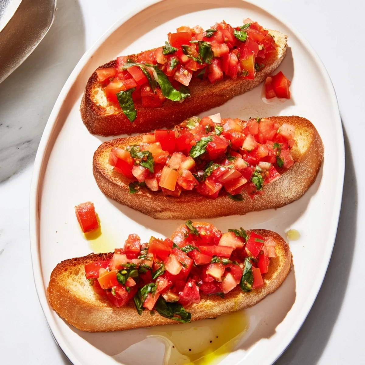 Vibrant overhead shot of delicious Bruschetta toasts with juicy toppings, perfect for sharing at a gathering.