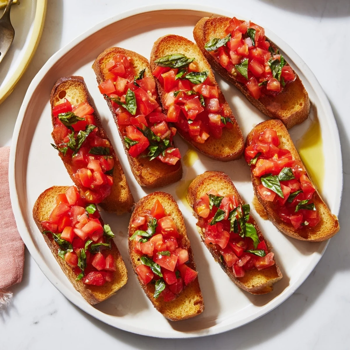 Savory Bruschetta toasts lined up, offering a delightful combination of fresh flavors with a light drizzle.