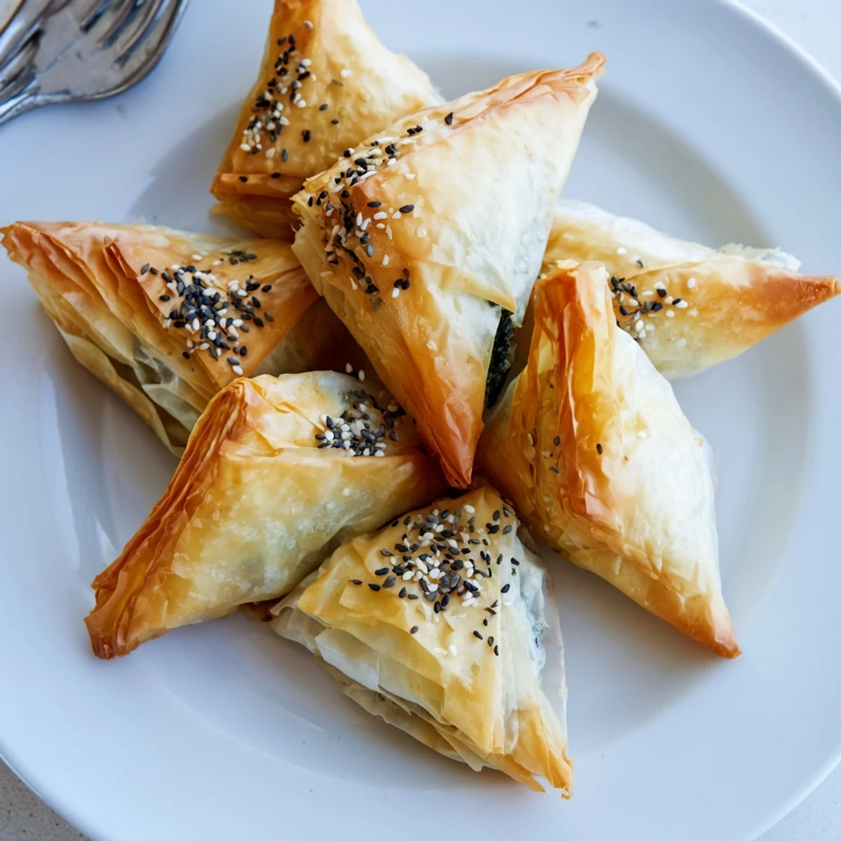 Golden-brown Mini Spanakopita Triangle Cluster: crispy phyllo filled with savory spinach and feta cheese.